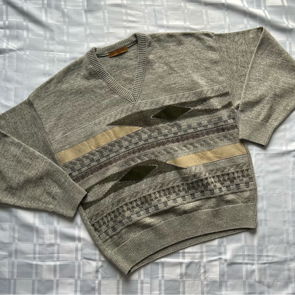PortoCruz Beige Wool Blend Knit Sweater with Faux Suede Pattern Accents